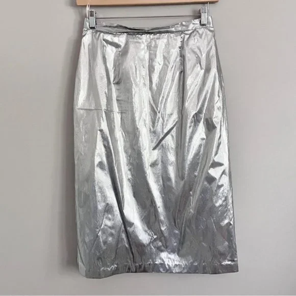 Vintage 70s Silver Metallic Tissue Lamé Lined Midi Party Skirt - M/28-29" - Picture 7 of 9